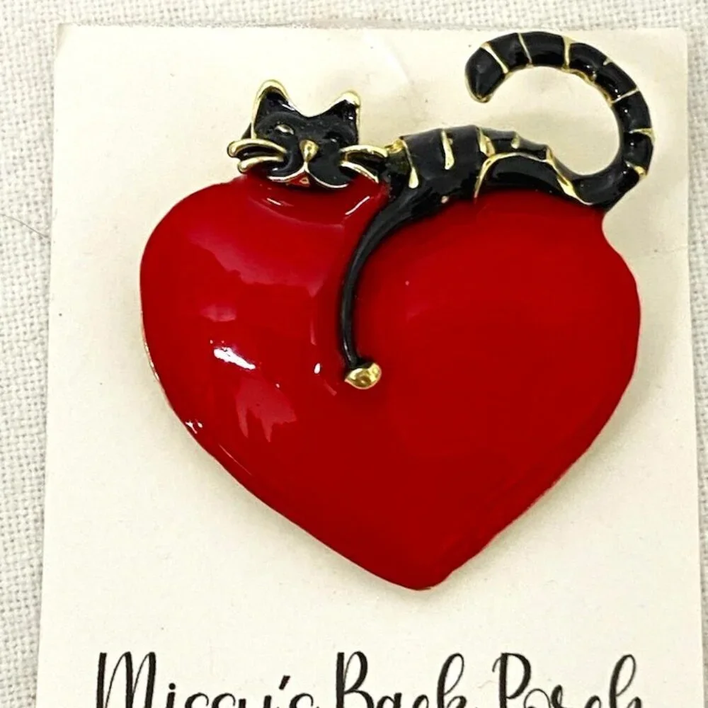 Cat Pin Brooch Enamel Black & Gold Kitty Sitting on Red Heart Missy's Back Porch
